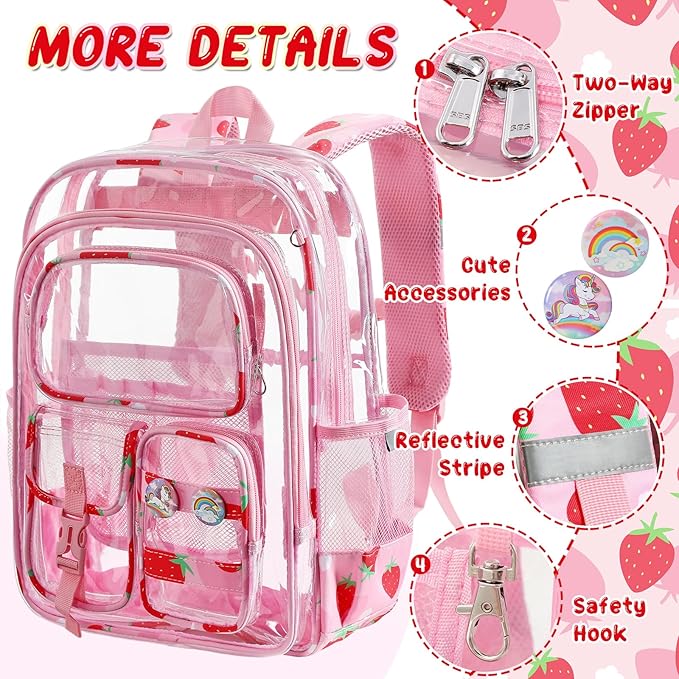 Clear Backpack for Kids, Strawberry Backpack for Girls, Water-Resistant See Through Bookbag with Chest Strap for Preschool Kindergarten College Travel Stadium Work Concert