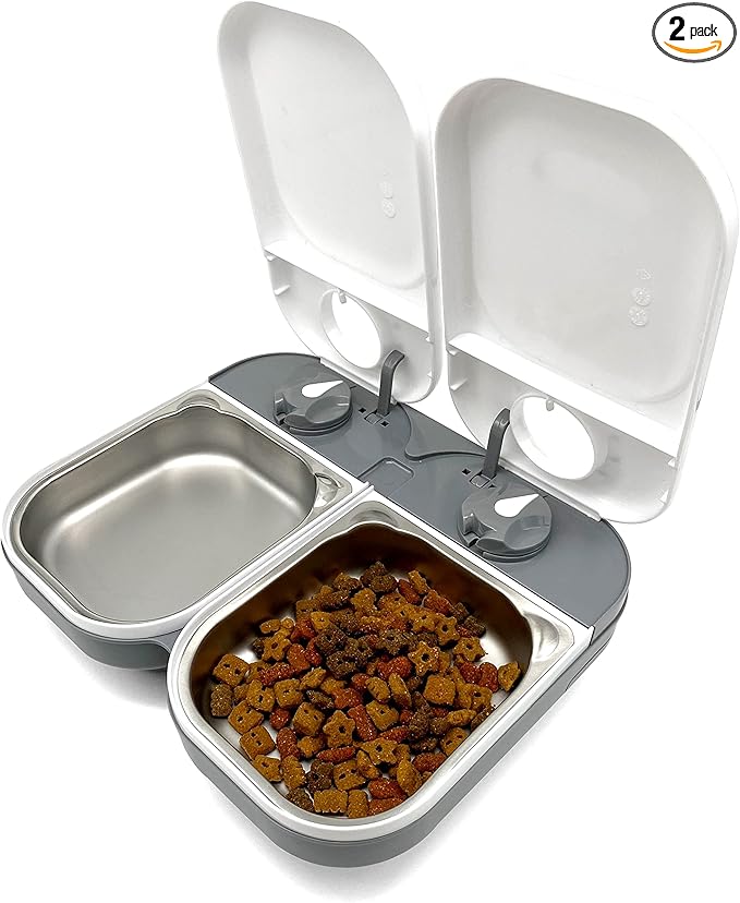 Closer Pets C200 2 Meal Timer-Controlled Automatic Pet Feeder - for Cats and Small Dogs, Wet or Dry Food, Stainless Steel Bowl Inserts and Ice Pack, up to 14 oz Each, White