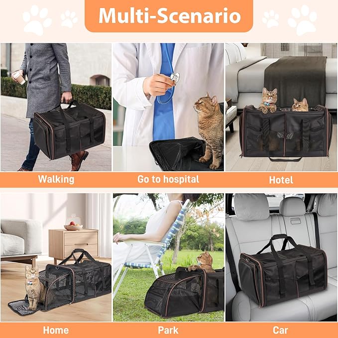 Large Cat Carrier for 2 Cats with 2 Litter Boxes, A.FATI Expandable Foldable Double Pet Carrier with Removable Divider, Breathable Mesh Oxford Cat Travel Crate for Car/Camping/Vet, Black