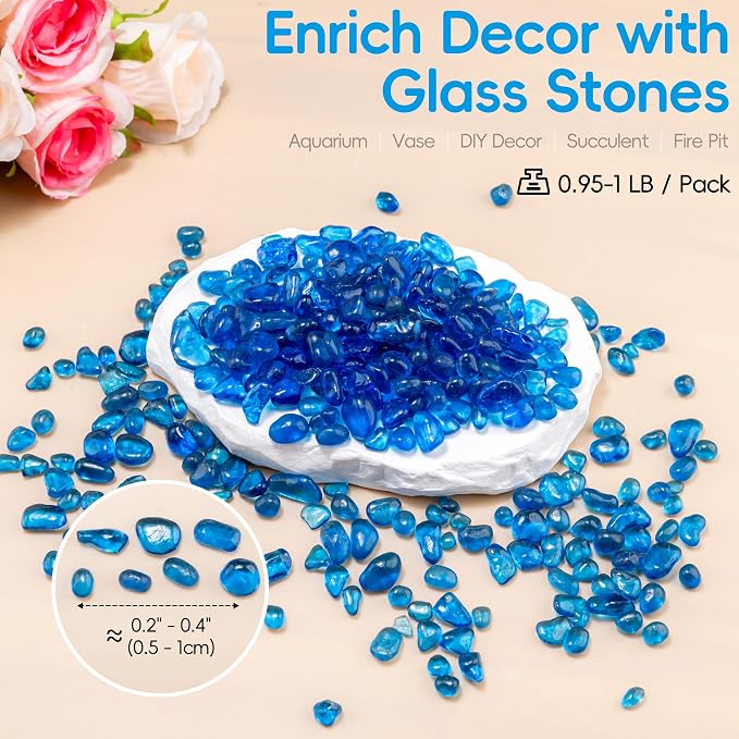 Colorful Glass Stones, 0.97 LB Fish Tank Gravel, Small Irregular Rainbow Aquarium Gravel for Aquarium Decorations and Turtle Tank , Sea Glass Beads Crystals for Fish Bowl, Vase Filler,Sea Blue
