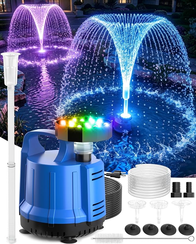 2026 Upgraded Pond Pump,Submersible Water Pump for Fountain Light-Deep Blue | 2-in-1 Pool Cover Pump with Fountain Light,Sump Pumps for Pool Draining,Pond Fountain Pumps Outdoor,Auto Water Sensor, 16ft