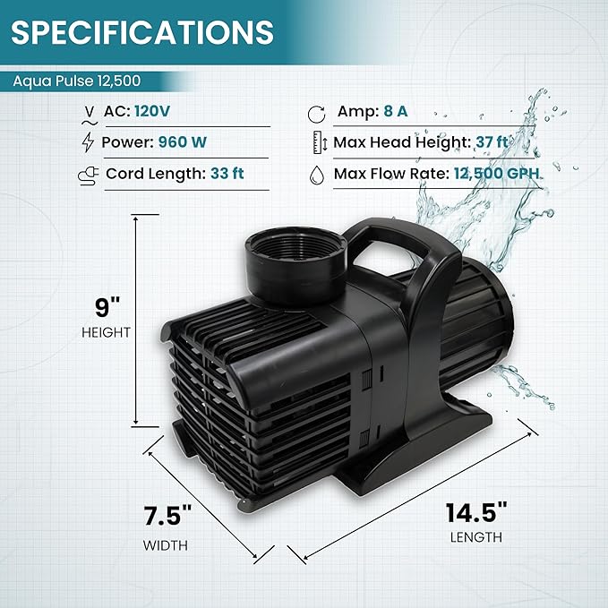 HALF OFF PONDS Submersible Water Pump, 12,500 GPH Pond Pump with 33FT Power Cord and 37FT Max Head, 960W Ultra Quiet Energy Efficient Pump for Koi Pond, Fountain, Waterfall, Water Garden, Skimmer