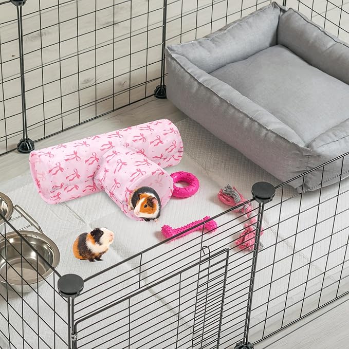 JarThenaAMCS Guinea Pig Tunnel 3 Way Washable Guinea Pig Hideout Pink Bow Foldable Rabbit Tunnel Small Animal Toy for Bunny Hamster Chinchilla Ferret Accessory