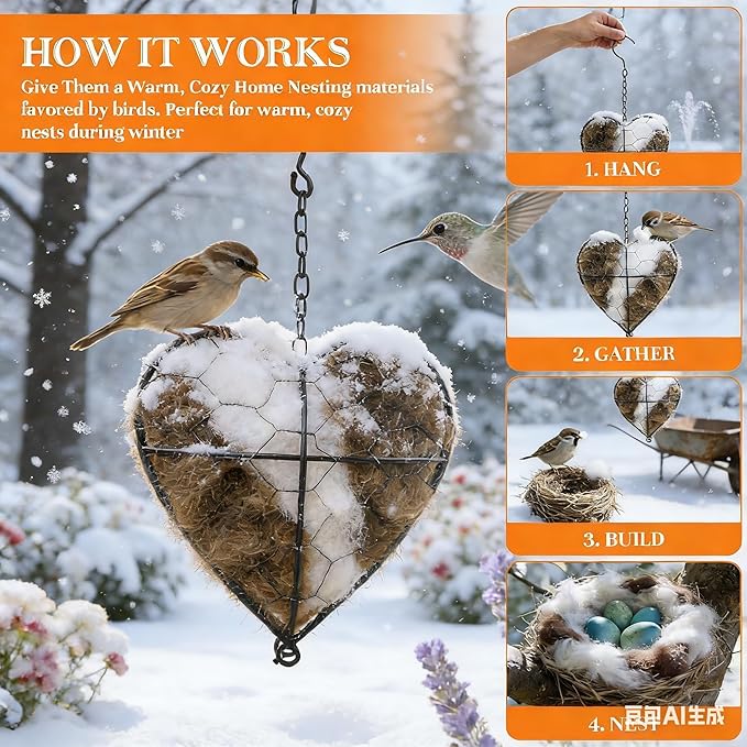 2026 new Handmade Alpaca Fiber Bird nest Heart, Bird nest Material Frame, Winter Wild Bird Tree House, Hummingbird nest Box Outdoor Garden Art Bird House, a Gift for Bird Lovers. (2pc)
