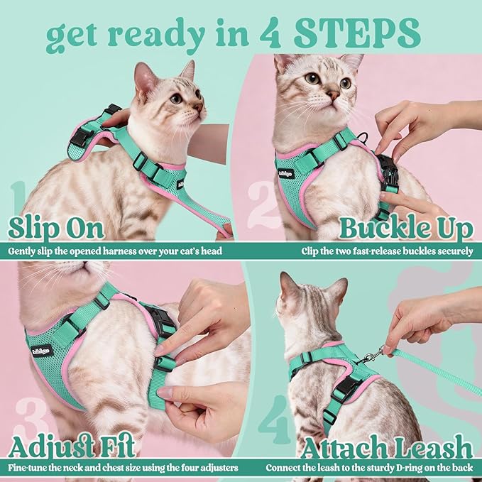 rabbitgoo Cat Harness and Leash for Walking, Escape Proof Soft Adjustable Vest Harnesses for Cats, Easy Control Breathable Reflective Strips Jacket, Green&Pink, S