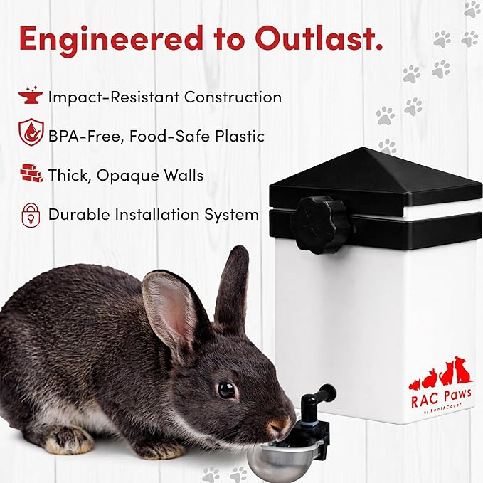 RentACoop No-Drip 64oz (2 Liter) Small Animal Drinking Bottle with Auto-Fill Metal Cup for Small Pet/Bunny/Ferret/Hamster/Guinea Pig/Rabbit/Chinchilla/Mouse/Rat. Food Grade Plastic