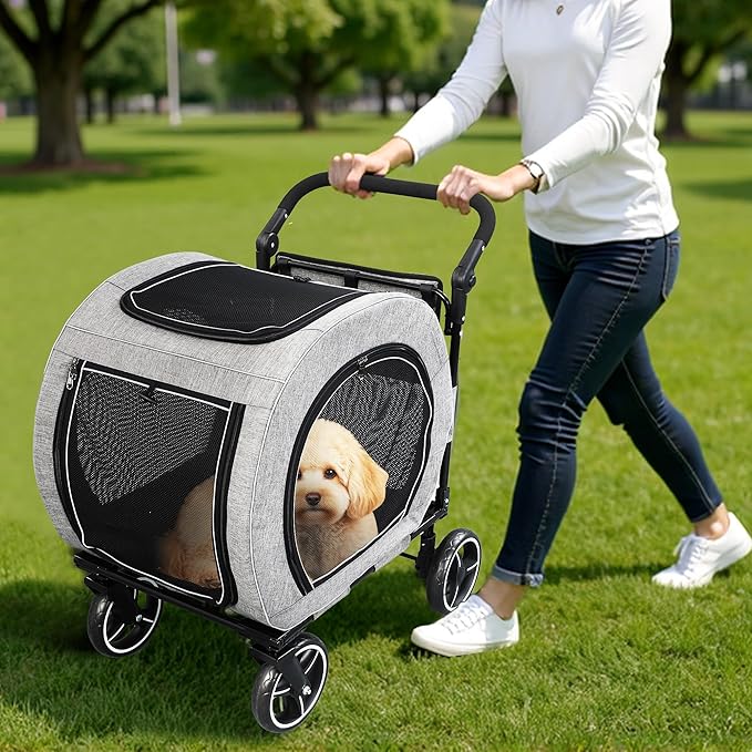 Saudism Pet Stroller for Dogs Cats up to 50 lbs, Foldable Dog Stroller with 360° Swivel Wheels, Detachable Carrier, Adjustable Handle, Travel Dog Stroller for Small Medium Large Pets, Gray