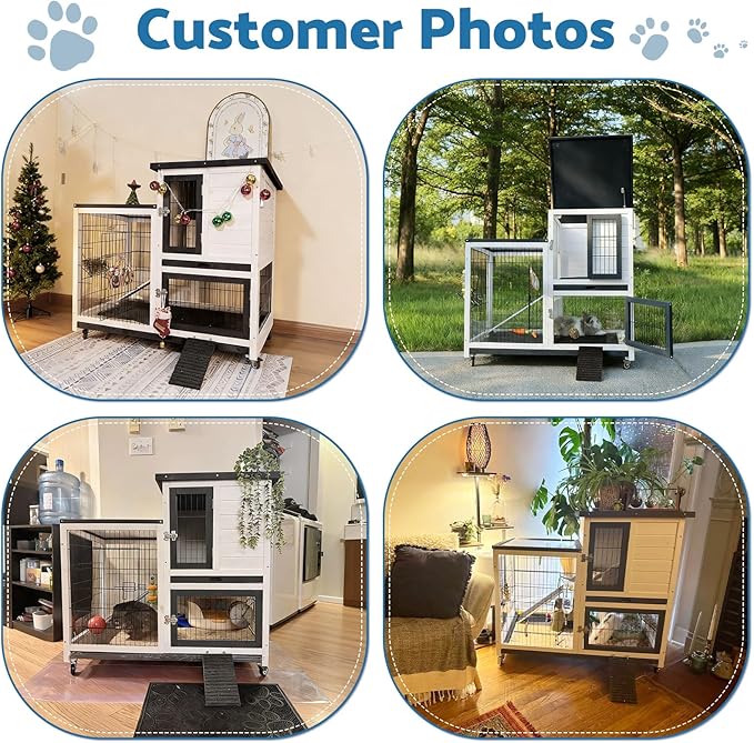 FunXplore 2-Story Rabbit Hutch Bunny cage Indoor Outdoor with Lower Urine Guards, Chew-Proof Ramp, 2 Leak-Proof Trays, 4 Metal Wheels for Rabbits, Guinea Pigs, Small Animals