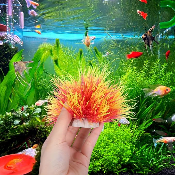 3 Pack Aquarium Plants Realistic Fish Tank Plants, Pink and Yellow | Plastic, with Weighted Base, Small Round Aquarium Decor, for Betta Tanks, Aquascaping, Reptile Terrariums