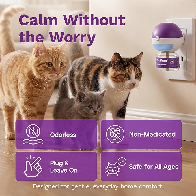 TopSum Cat Calming Pheromone Diffuser: Feline Pheromones Plug in for Stress, Along At Home, Spraying, Fighting, Scratching, Aggression & Excessive Meowing (Purple– 2 Diffusers+2 Refills)