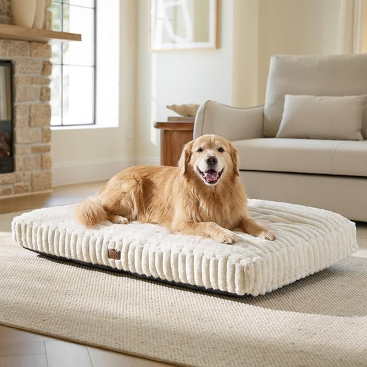 Bedsure ComfyFleece™ Fluffy Plush XXL Dog Bed Crate Pillow 47x29 Cream | Aesthetic Crate Bed for Balanced Support Cute Chopped Foam Pad with Removable Washable Cover Non-Slip Waterproof Cozy Pet Mat