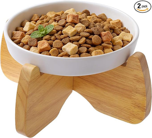 Raised Ceramic Cat Bowl 6.3" Wide Shallow Flat Bottom (1 Pack) | Neck Protective, Anti Whisker Fatigue, Anti Vomit, Dishwasher Safe, For Dry and Wet Food, For Kittens & Seniors