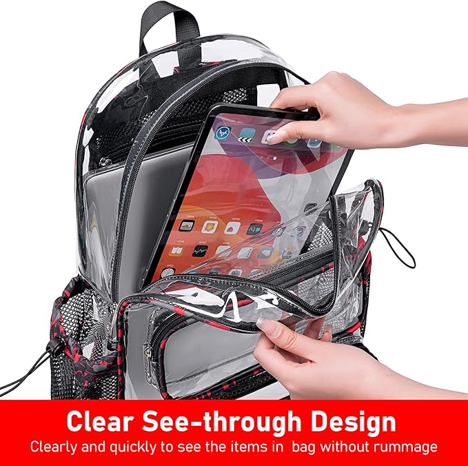 CAMTOP Clear Backpack Heavy Duty Transparent Bag See Through BookBag for Student School Work Festival Sport Travel (Graffiti Red)