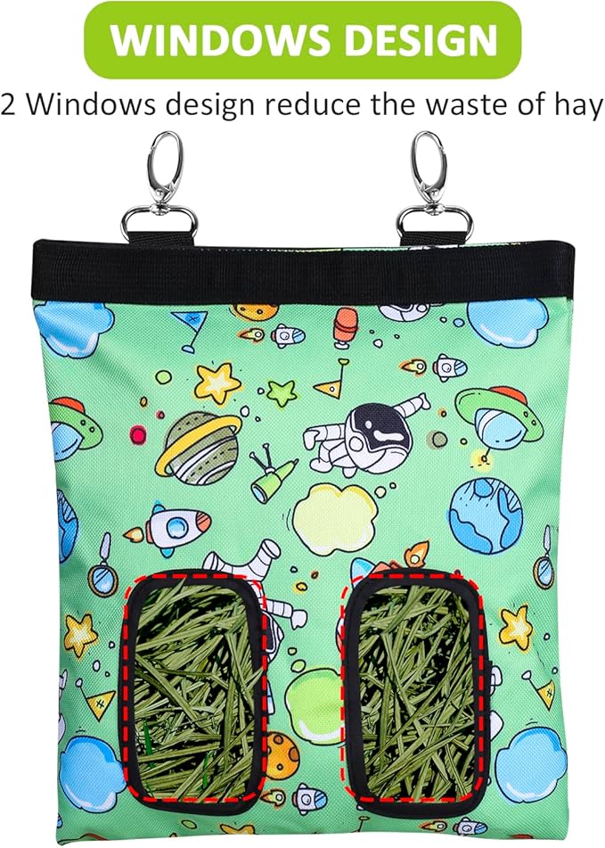 Rabbit Hay Feeder Bag Guinea Pigs Hanging Hay Rack Manger Holder Dispenser Small Animal Feeder Storage Pouch for Bunny Chinchilla Hamster (Pattern Green, 2 Windows)