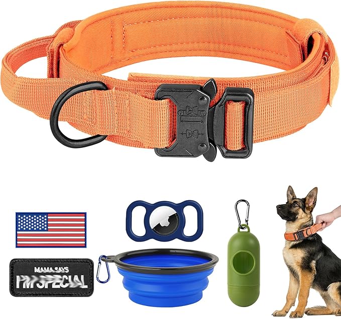 HYDEME Tactical Dog Collar Adjustable Nylon Collar with Control Handle and Heavy Metal Buckle for Medium and Large Dogs, with Patches&Airtags Case&Poop Bag Dispenser&Portable Bowl.(M, Orange)