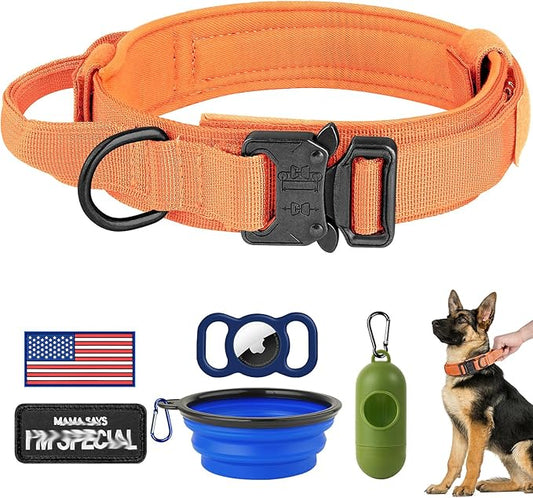 HYDEME Tactical Dog Collar Adjustable Nylon Collar with Control Handle and Heavy Metal Buckle for Medium and Large Dogs, with Patches&Airtags Case&Poop Bag Dispenser&Portable Bowl.(M, Orange)