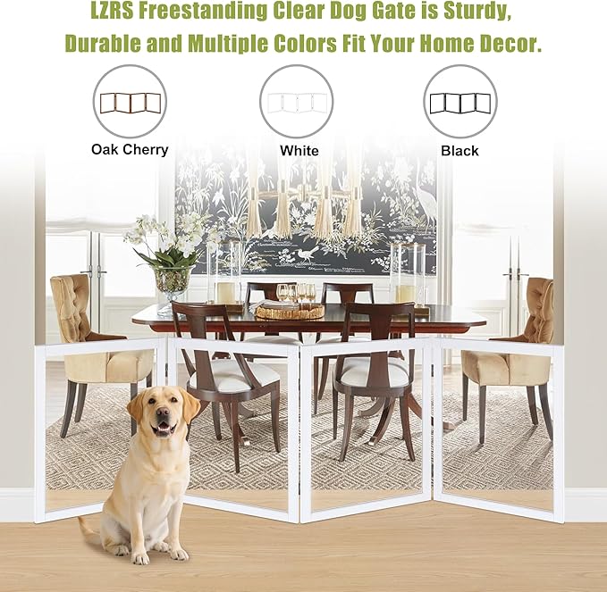 LZRS Extra-Wide Clear Dog Gate for Indoor Use - Transparent Pet Fence with Solid Hardwood and Plastic Board, Stylish & Durable freestanding Pet Gate for Doorways, Stairs and Hallways-4 Panel White