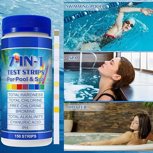 Pool Test Strips 7-in-1 (150Pcs)| Hot Tub Test Strips for Swimming Pool & Spa | Pool Water Testing Kit for Chlorine, Bromine, Ph, Hardness, More - All in 1 Swimming Pool Test Strips