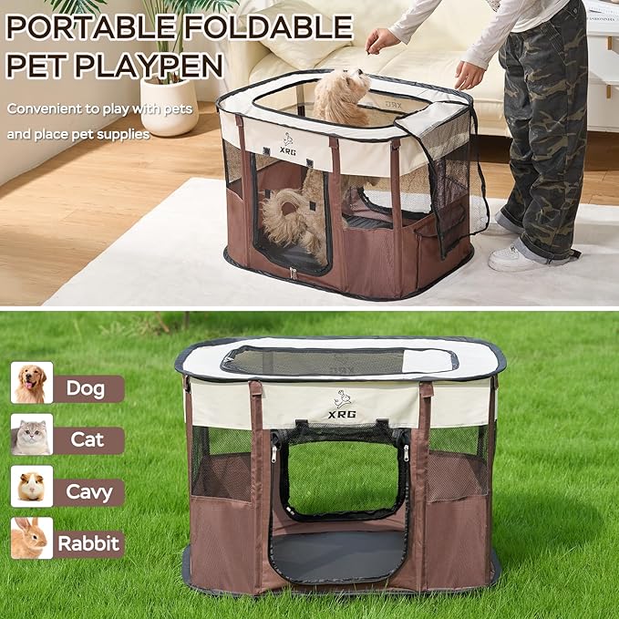 Portable Foldable Pet Playpen Collapsible Crates Kennel Playpen for Dog cat and Rabbit &Travel playpen Outdoor or Indoor (Medium（31.5" L x 23.6" W x 21.7" H）, Brown)