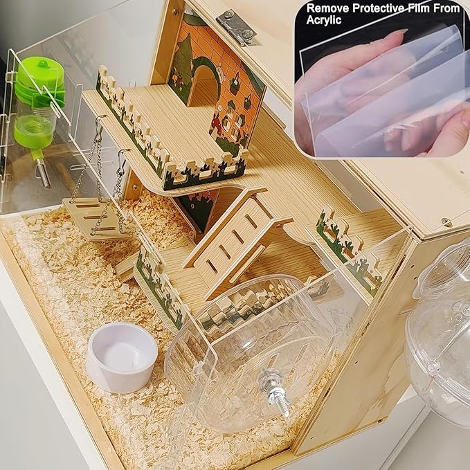 12 in 1 Large Wooden Hamster Cage with All Accessories, 24"*15.8"*15.8" 3-Layer Dwarf Hamster Cage Acrylic,Pastoral Style Mouse Cage for Pet Mice, Hedgehog, with Stairs, Fences and House