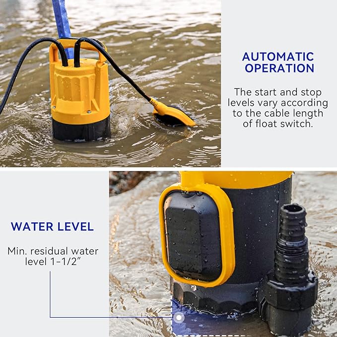 Acquaer 1HP Sump Pump 4948GPH Submersible Drain Pump with Automatic Float Switch, Remove Clean/Dirty Water for Basement, Hot Tub, Pools, Garden Pond