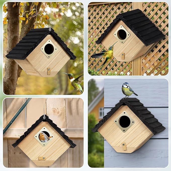 NATUREYLWL Bird House for Outside, Outdoor Bird Houses for Bluebirds, Finches & Cardinals, Wooden Birdhouse with Easy Clean Design, Hanging Birds Nest Box for Garden Decoration (8.6 x 5.9 x 7 Inch)