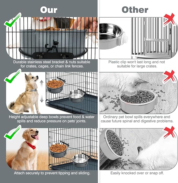 Dog Crate Bowls Hanging No Spill, Set of 2 Dog Crate Water Bowl, Kennel Bowls Mountable, Stainless Steel Pet Cage Accessories Feeder Water Food Dish Coop Cup for Cat Puppy Bunny Guinea Pig Ferret