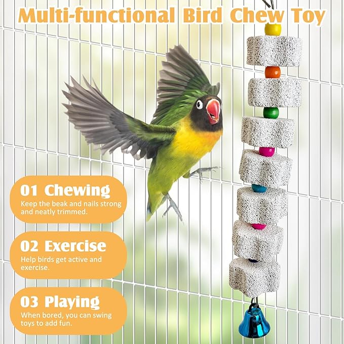 PINVNBY 3 Pack Bird Chewing Toy Lava Calcium Bird Beak Grinding Stone with Bell Hanging Parakeet Cage Accessories for Parrots Budgies Cockatiels African Grey (7 Block Per String)