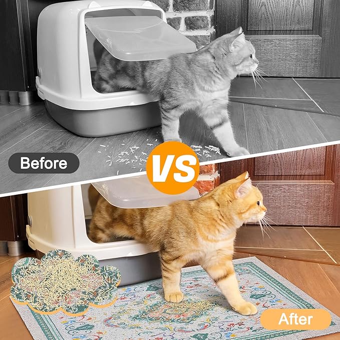 Glittme Cat Litter Mat with Non-Slip Bottom Litter Box Mat 33"X22" Litter Trapping Mat Easy to Clean Washable Cat Food Mat for Kitty,L