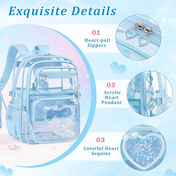 Clear Backpack for School Girls, Cute Heavy Duty PVC Transparent Bookbag, See-Through Bag for Stadium Event Blue