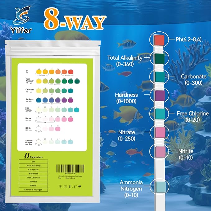 8-Way Aquarium Test Strips with Ammonia 75 Strips | Test Ammonia,pH, Total Alkalinity, Carbonate, Hardness, Free Chlorine, Nitrate and Nitrite for Fish Tanks & Ponds