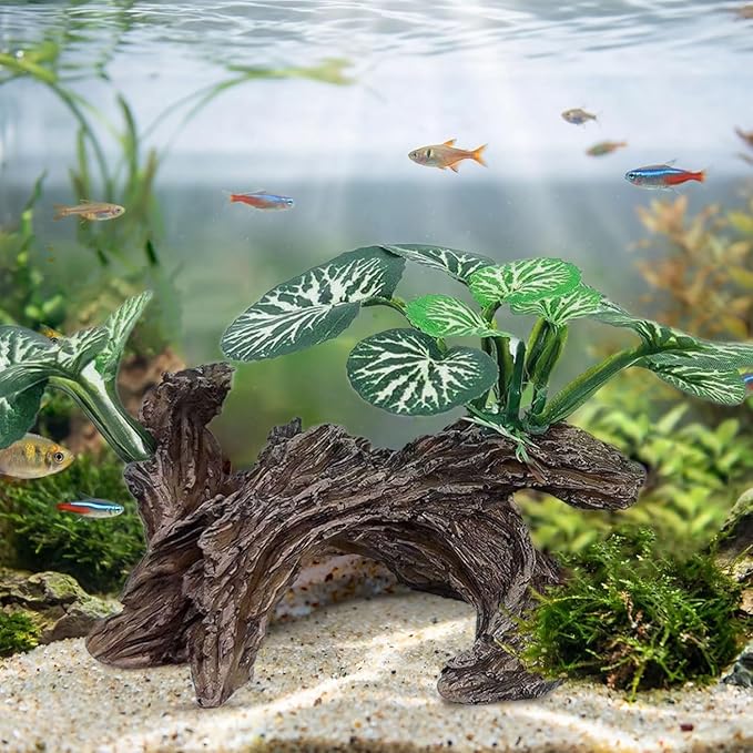 Fish Tank Decorations, Artificial Driftwood with Plants Aquarium Decor Ornaments for Betta Fish Hideout, Natural Aquarium Decoration Adds Color and Shelter