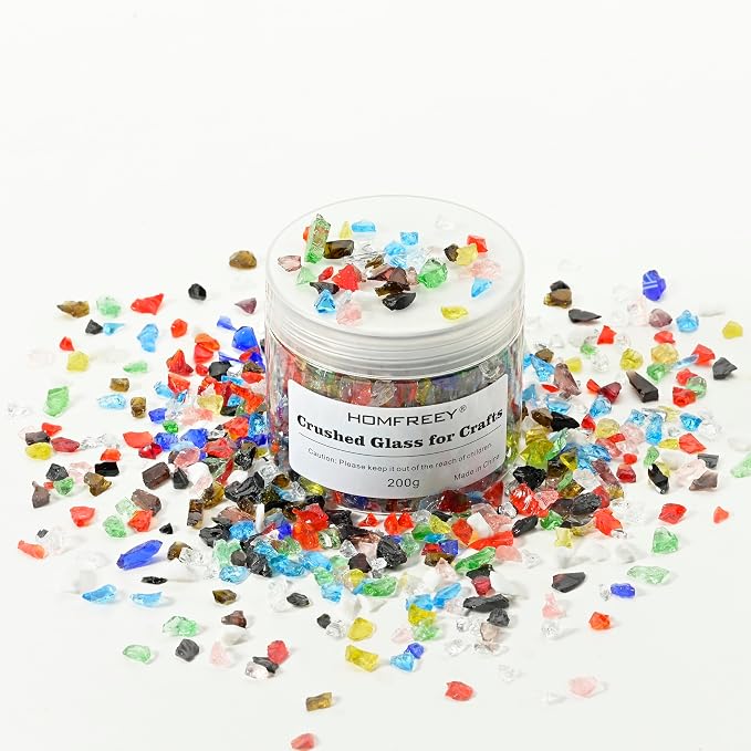 Multiple Color Mixing Crushed Glass Chips,Glitter Fine Sand,Irregular Iridescent Piece,Broken Glass for DIY Jewelry Resin Art Making Or Vase Filling Gem Painting Home Decoration (200g)