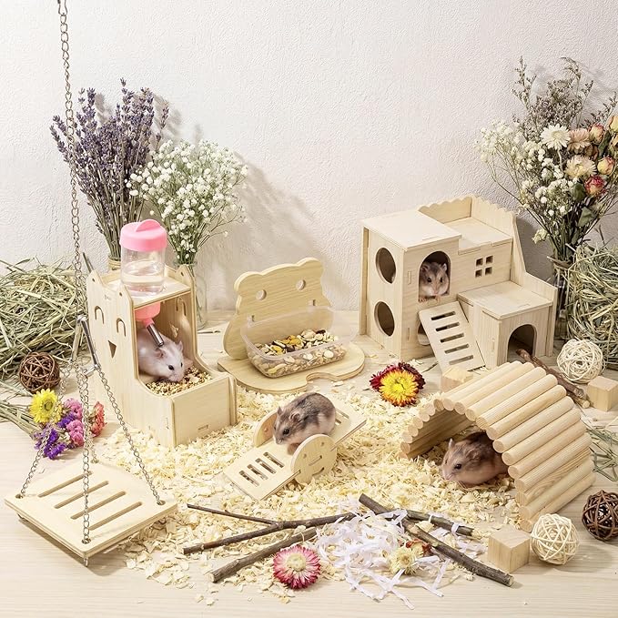 BreezeHug 6 Pcs Hamster Wooden Hideouts Hamster Houses Feeder and Waterer Chinchillas Chew Cage Accessories Activity Enrichment for Rats Gerbils Small Animals Habitat