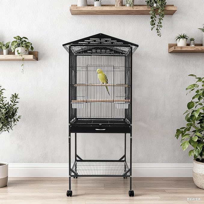 Bird Cage with Stand 54 Inch Birdcages with Pull-Out Tray, Rolling Bird Cage Stand with Wheels for Parakeets, Parrot, Cockatiel, Pigeon, Finch Cage for Birds(Black)