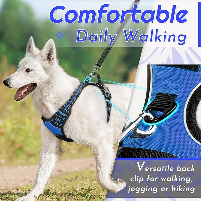 Eagloo Dog Harness for Large Dogs, No Pull Service Vest with Reflective Strips and Control Handle, Adjustable and Comfortable for Walking, No Choke Pet Harness with 2 Metal Rings, Blue, L
