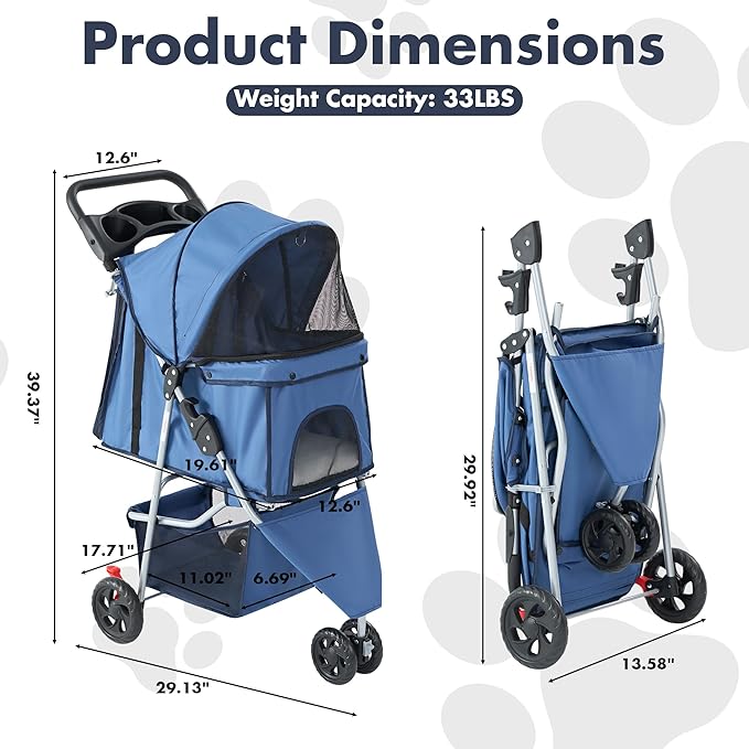 Smug 3 Wheels Pet Stroller, Dog and Cat Strollers with Storage Basket and Cup Holder, Lightweight Travel Carrier, Breathable, Waterproof and Foldable for Small Pets Outdoor Walk, Blue