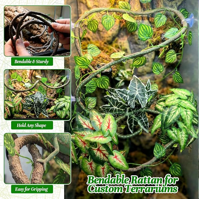 5 Pcs Reptile Plants & Habitat Decor Kit - 3 Artificial Plants & Large 3.3ft Jungle Vine Branch, TTerrarium Hanging Plants Vines for Crested Gecko, Leopard,Bearded Dragon, Lizard,Chameleon,Ball Python