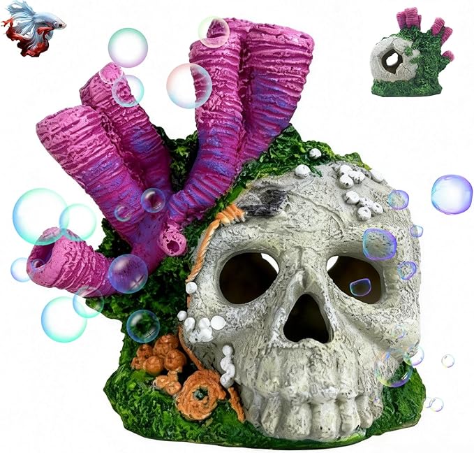 Skull Aquarium Hideout with Coral – Betta Fish Tank Decorations, Shrimp Cave & Small Fish Hideaway, Resin Underwater Skull Decor for Freshwater Aquarium