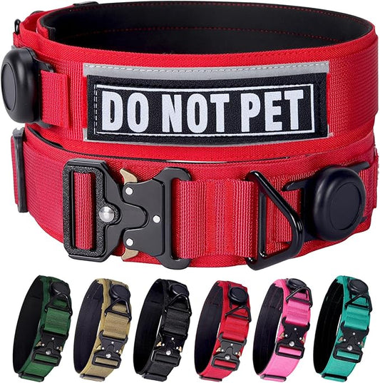 AirTag Dog Collar, 2" Wide Tactical Military Dog Collar with AirTag Holder & 3 Pet Patches, Soft Padded Reflective Waterproof Nylon Collar with Metal Buckle for Large Dogs (Red, L)