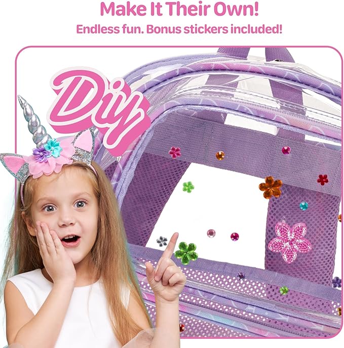 Bagseri Clear Backpack for Girls - 15 Inch Heavy Duty Kids Clear Bookbag for Kindergarten to Grade 2, Transparent School Bag with Reflective Strip, Fits Folders, Purple Mermaid
