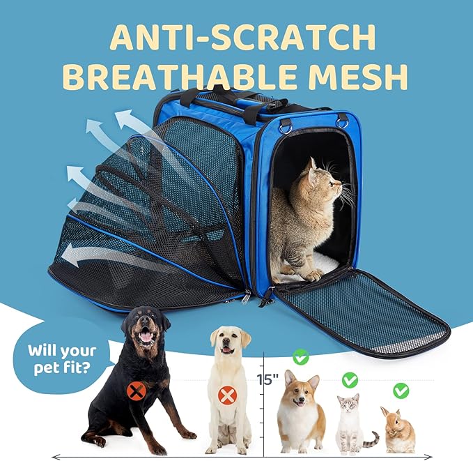 Expandable Cat Carrier with Litter Box, Extra Large Cat Carrier for Car Travel, 17.3"x16.2"x13" Portable Soft-Sided Pet Carrier, Long Road Trip Cage for Large/Medium Cats up to 30 lbs