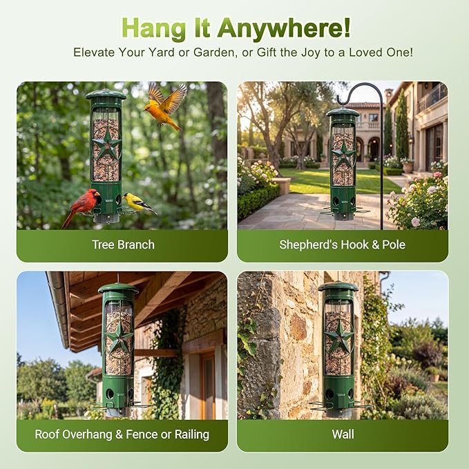 Squirrel Proof Bird Feeders for Outdoors Hanging, Metal Squirrel Proof Bird Feeder with Gravity Protection, 3LB Large Capacity Wild Bird Feeders for Outside Finch, Cardinal, Blue Jay (Green)