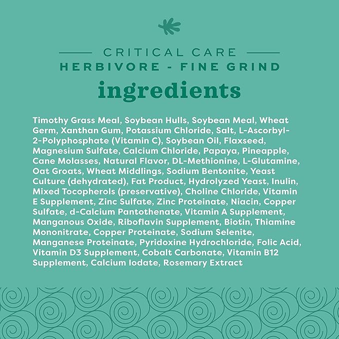 Oxbow Critical Care Herbivore, Fine Grind, Emergency Rabbit & Guinea Pig Food, Made with Timothy Hay, Natural Papaya Flavor, Assist Feeding Formula for Pets, 100 gram bag