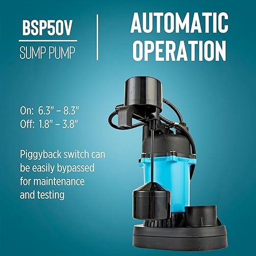 Little Giant BSP50V 1/2 HP, 115 Volt, 3180 GPH Automatic Submersible Epoxy Coated Cast Aluminum Sump Pump with Piggy-back Vertical Switch and 8-Ft. Cord, Blue, 511251