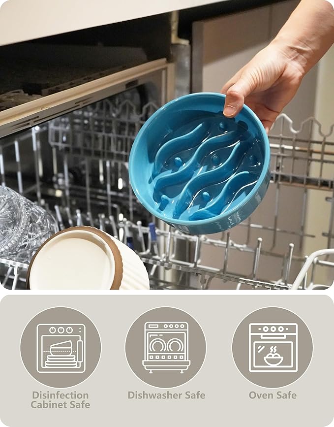 Ceramic Slow Feeder Dog Bowls Elevated, 0.6 Cup Dog Slow Feeder for Small Dogs, Puzzle Maze Bowl, 14oz, 6in, Baby Blue
