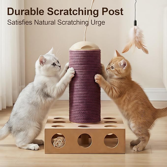 Cat Scratching Board 3 in 1 with Scratching Post, Rotating Teaser Wand & Bell Ball, Cat Nail File Enrichment Box for Indoor Cats Kitten, Interactive Cat Toys for Boredom Relief