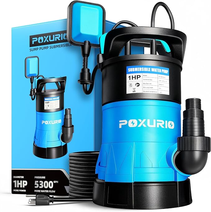 1HP Submersible Sump Pump, 5300GPH High Flow Dirty Clean Submersible Water Pump with Automatic Float Switch, 26FT Long Cord for Swimming Pool, Flooded Basement, Rooftop, Garden Water Removal