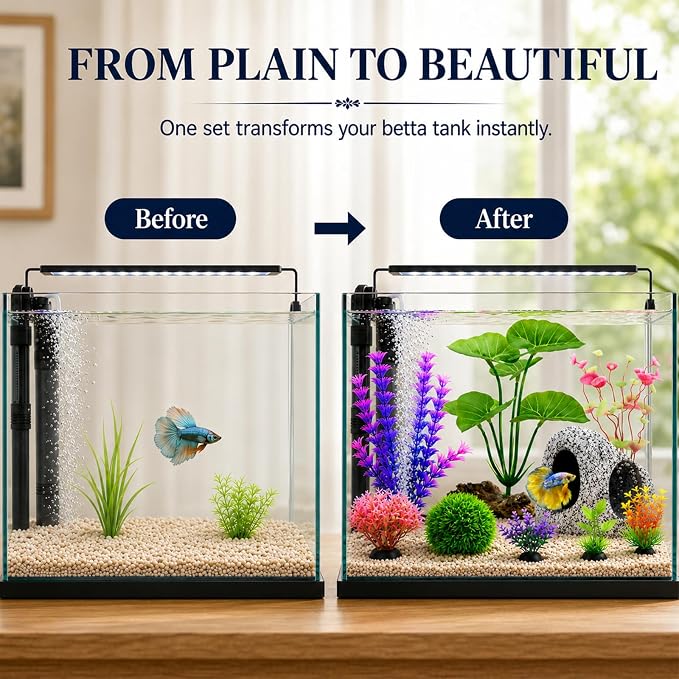 9 Fish Tank Decorations Set Aquarium Decor, Rock Cave Hideout, Artificial Aquarium Plants Plastic Betta Leaf Hammock Goldfish Betta Fish Tank Accessories Small Large Fish Bowl Ornaments