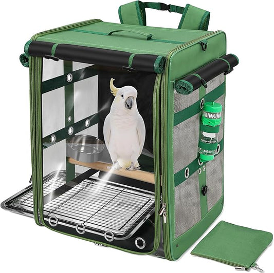 Bird Carrier Travel Cage, Cockatoo Carrier, Parrot Travel Backpack with Unbreakable Stainless Steel Mesh, Perch, Water Bottle and Food Bowl, X-Large Green